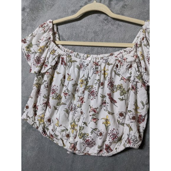 🍑XHILARATION Women 100% Rayon Knit Top Cropped Floral Multicolor MEDIUM (8-10) - Picture 10 of 11